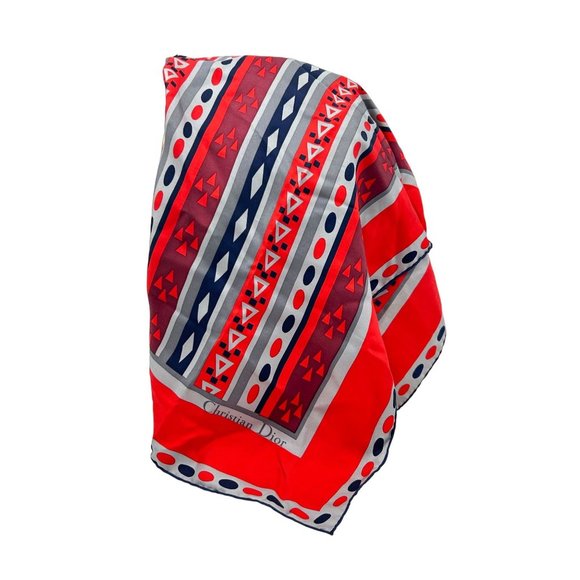 Vintage Christian Dior Hand Rolled Scarf 100% Silk Red Blue Geometric Design - Picture 1 of 9